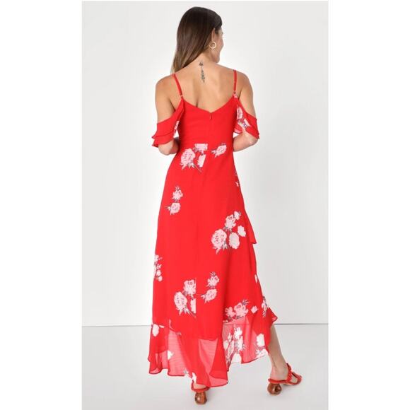 Lulus Love in Bloom Red Floral Print Off the Shoulder High Low Dress Size S New - Picture 2 of 3